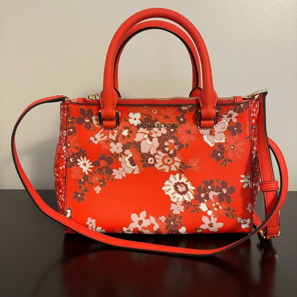 Michel Kors Kellen Red Sangria Floral Saffiano Leather Satchel Crossbody - Picture 1 of 12